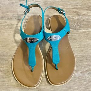 Michael Kors MK Plate Luxe Teal T Strap Sandal